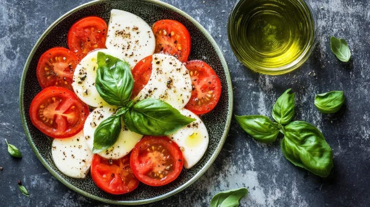 Fresh caprese salad with olive oil, basil and seasonings