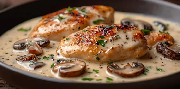 Chicken with wine sauteed mushrooms