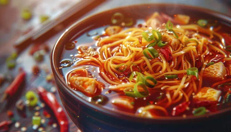 Chilli chicken noodles in broth
