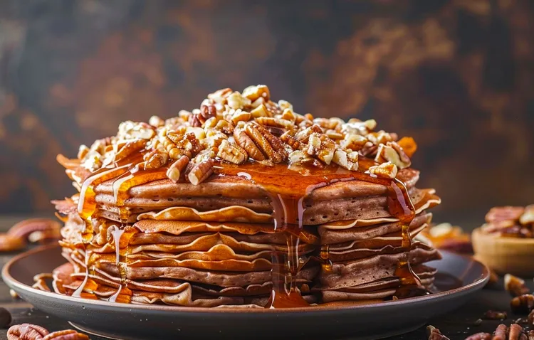Cocoa pancakes with pecans and caramel sauce