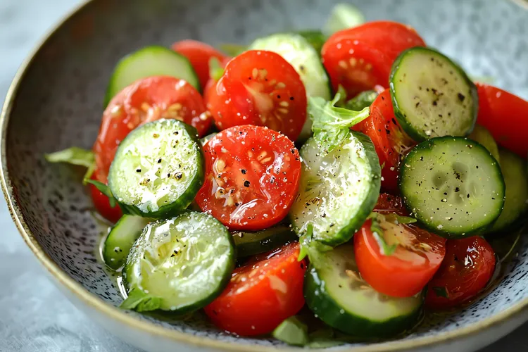 Cucumber and tomato salad with olive oil and vinegar