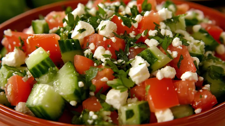 Fresh cucumber and tomato cottage cheese salad