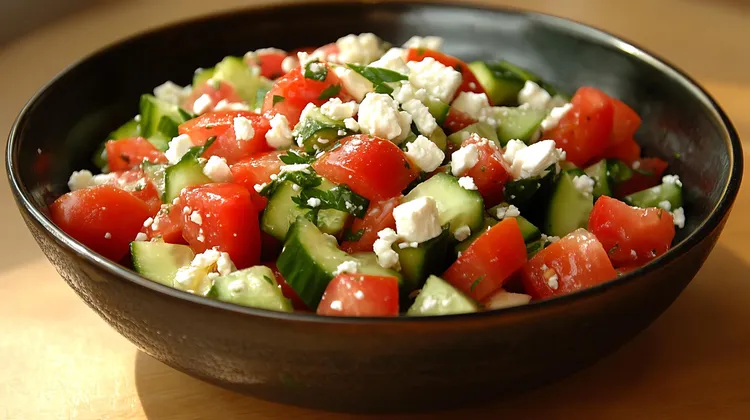 Fresh cucumber and tomato cottage cheese salad