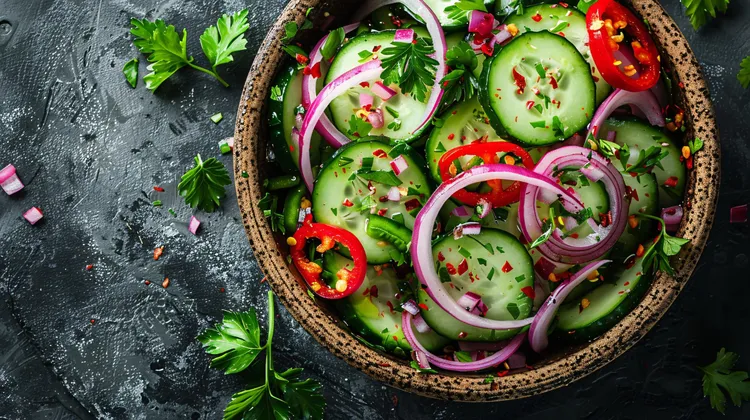 Cucumber salad with onion, red peppers and vinegar.