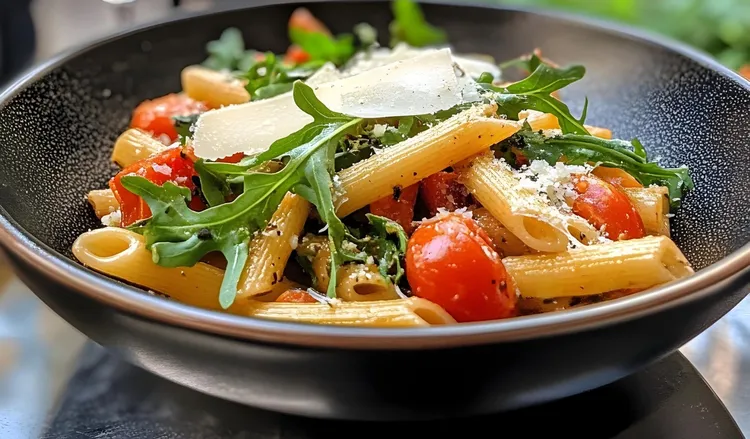 Pasta with red pepper, cherry tomatoes and arugula