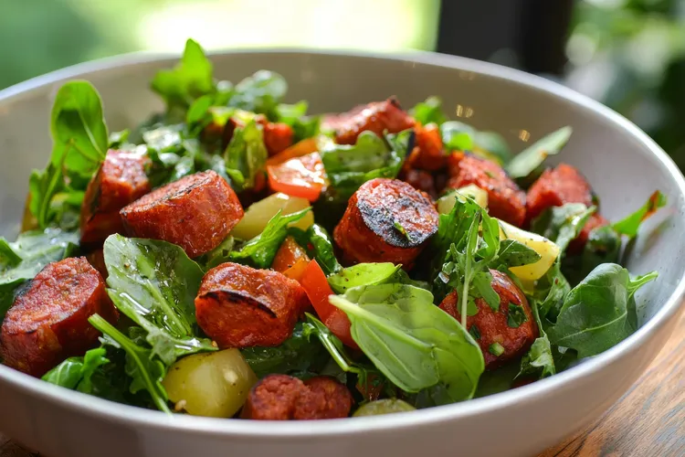 Grilled sausage, tomato and spinach salad