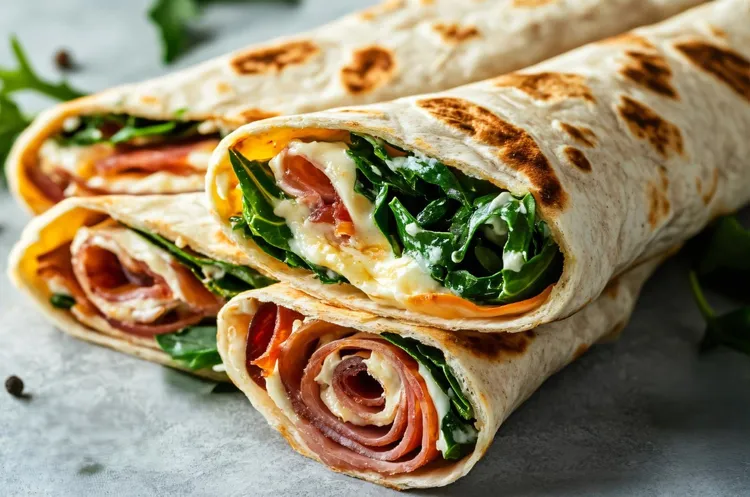 Ham and spinach wraps with melted cheese