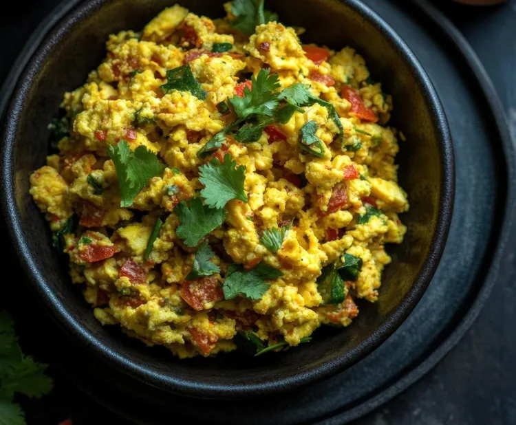Indian scrambled eggs with tomatoes and chili peppers