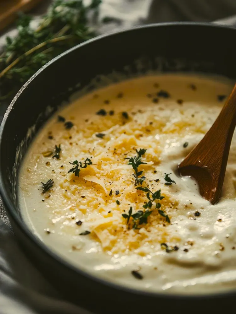Keto cauliflower parmesan soup with butter, leek and thyme