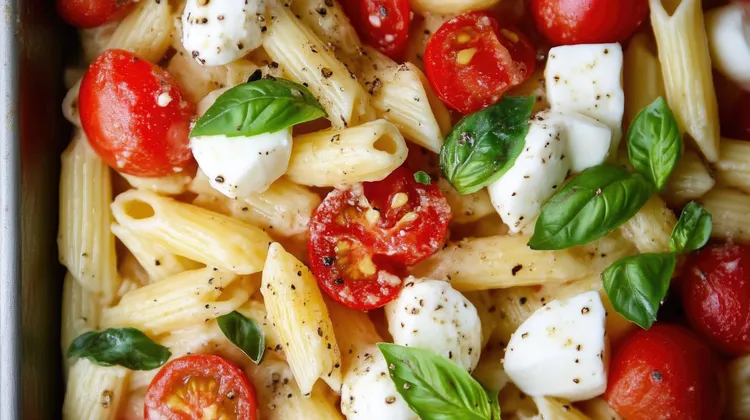 Whole-wheat pasta with roasted tomatoes, mozzarella and basil