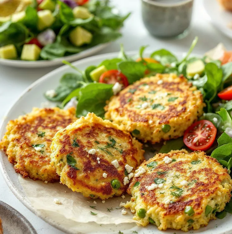 Pea and dill fritters with avocado salad