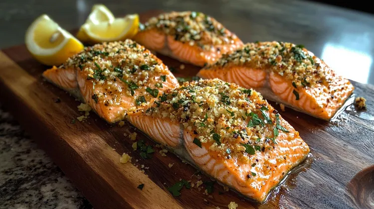 Pecan-crusted baked salmon with lemon