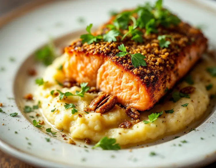 Pecan-crusted salmon with cauliflower mash