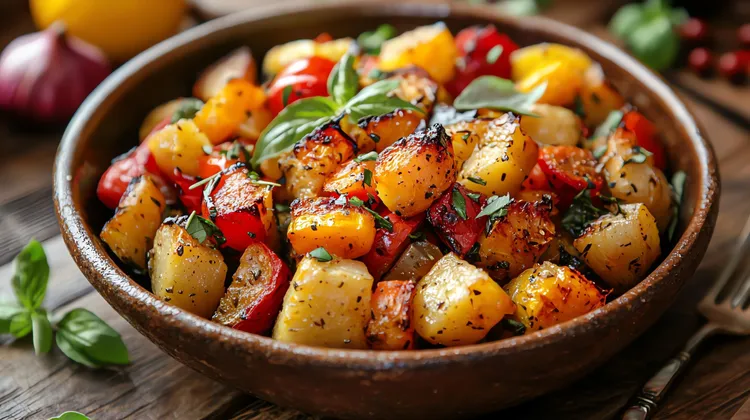Roasted peppers, tomatoes and potatoes with olive oil