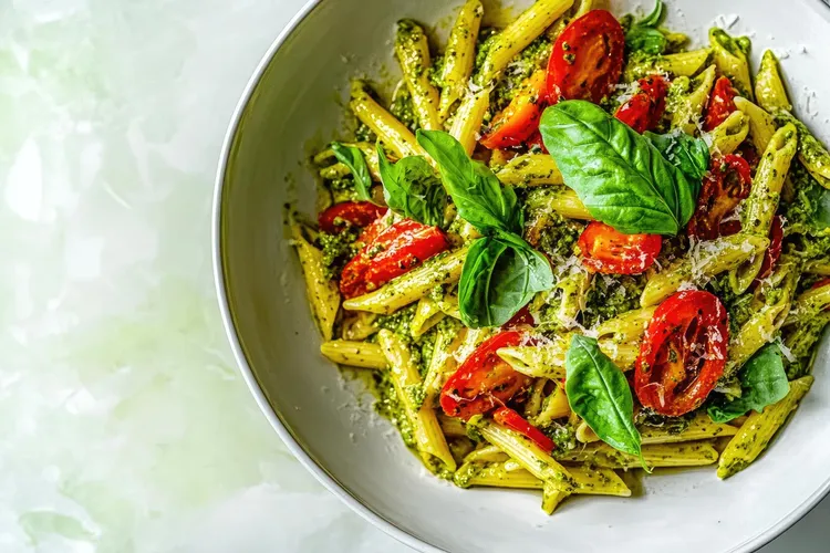 Pesto pasta salad with cherry tomatoes