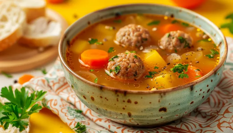 Potato soup with savory meatballs