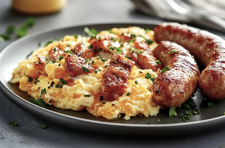 Scrambled eggs with sausage and feta