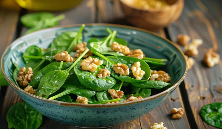 Spinach salad with warm walnut dressing