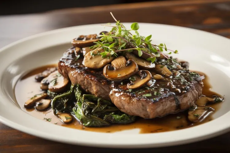 Steak with mushroom and spinach sauce