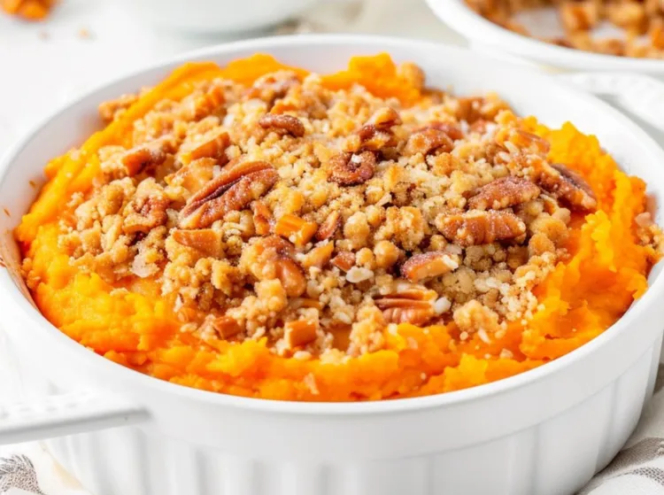 Sweet potato casserole with caramelised pecans