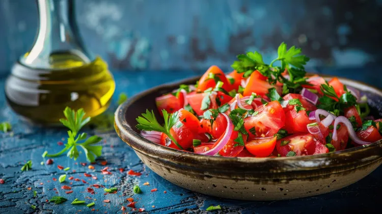 Tomato and onion salad with olive oil and lemon juice