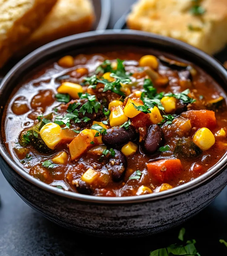 Vegan black bean soup with carrots, celery and sweet corn
