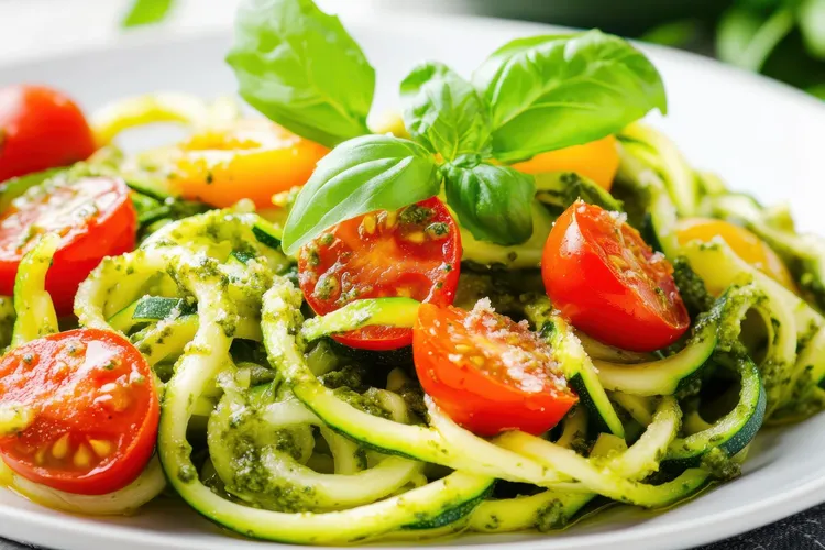 Zucchini pasta with garlic and cherry tomatoes