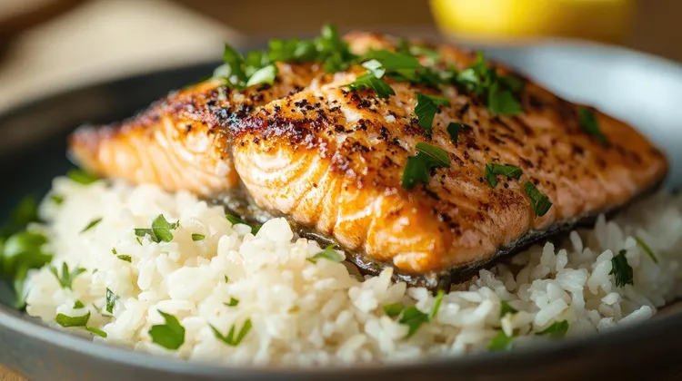Teriyaki glazed  salmon with white rice and parsley
