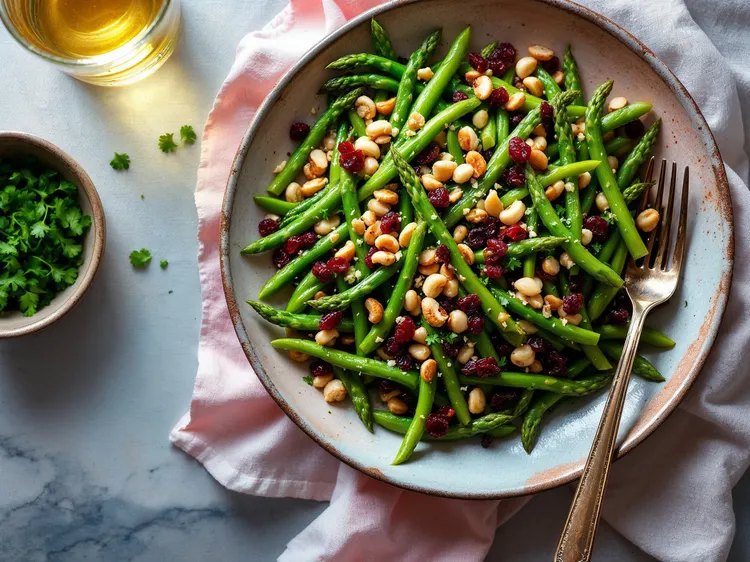 Asparagus and beans with hazelnut cranberry dressing