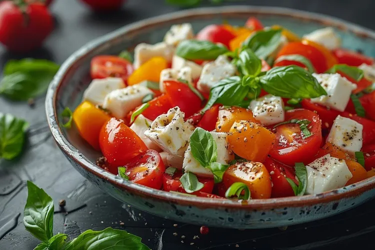 Barbecued capsicum and tomato salad with fetta and basil