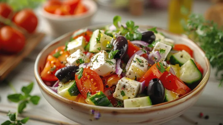 Mediterranean salad with olives, feta and sesame butter