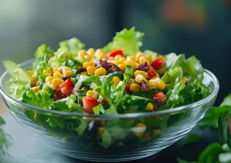 Sweet corn and cucumber salad with lettuce and tomatoes