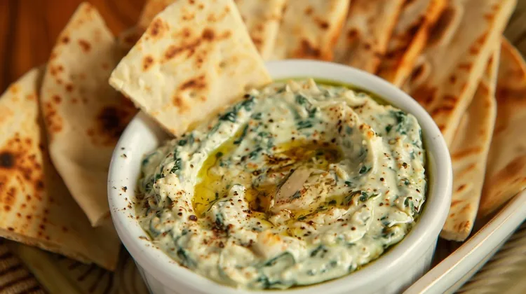 Grilled flatbread with lemon fetta dip