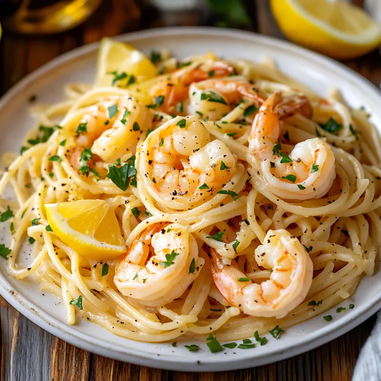 Lemon zest shrimp over spaghetti