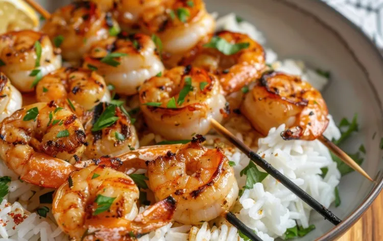 Shrimp skewers with coconut rice