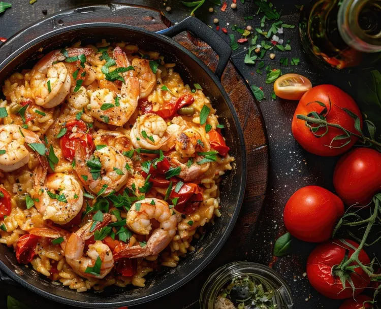 Oven-baked garlic and chilli shrimp risotto