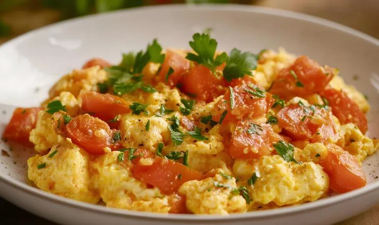 Tomato and egg scramble with parsley