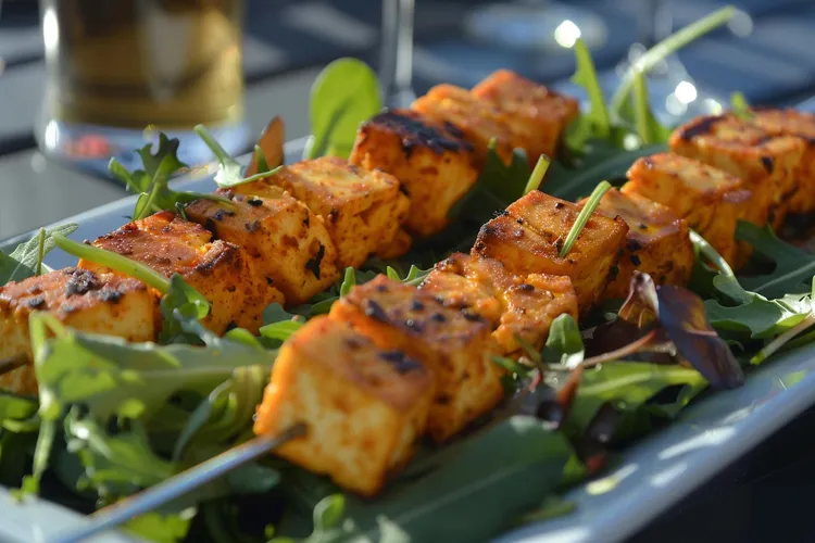 Red curry fish skewers with greens
