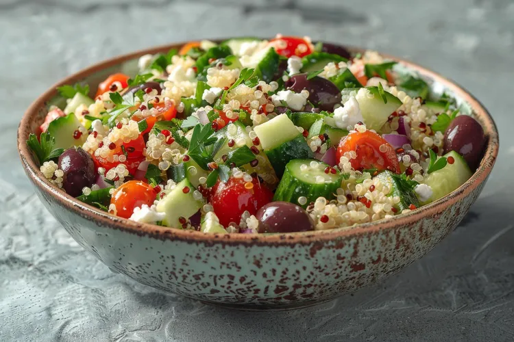 Mediterranean quinoa salad with olives, cucumber and herbs