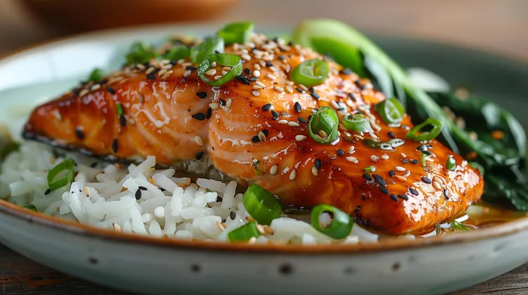 Sesame-crusted salmon with rice and bok choy