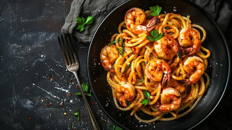 Spaghetti and shrimp parcels