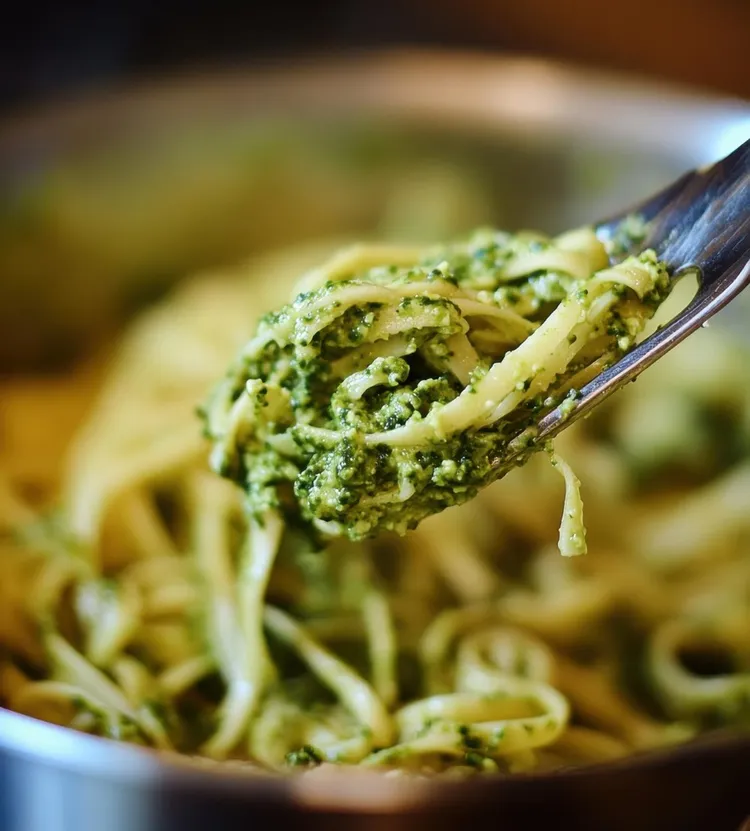 Spaghetti with asparagus and spinach pesto