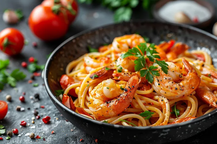 Spaghetti with shrimps and fresh tomato