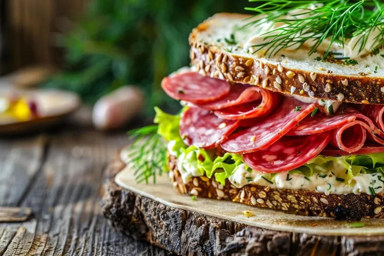 Salami cream cheese sandwich with dill and garlic
