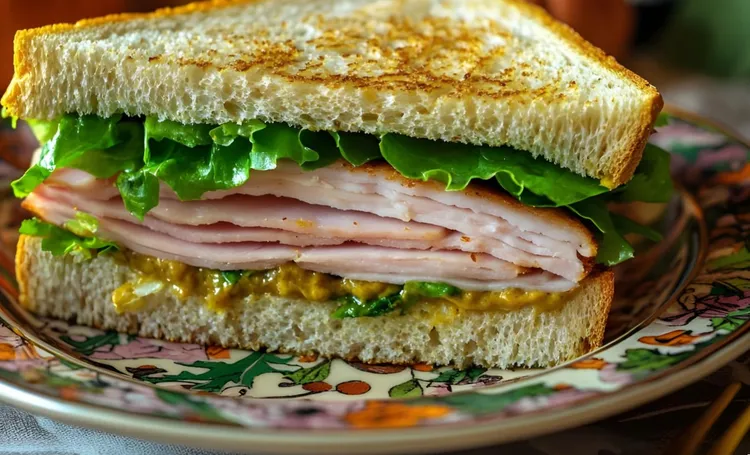 Turkey ham sandwich with mustard and lettuce