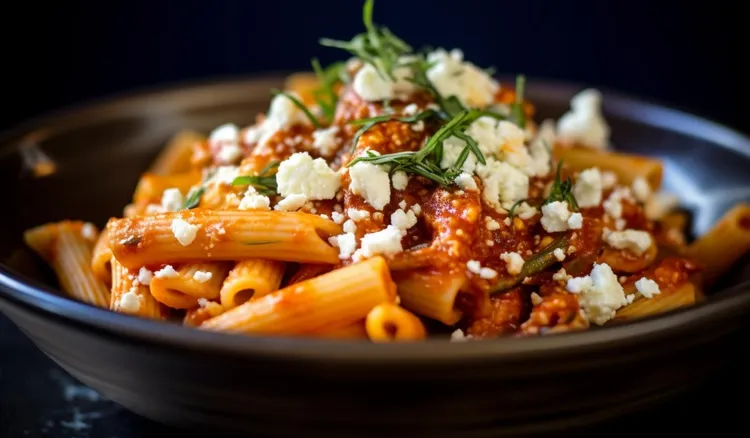 Whole-wheat pasta with sun-dried tomato pesto and feta cheese