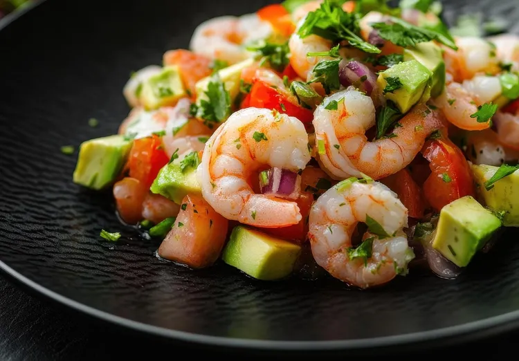 Lime shrimp avocado salad with jalapenos and tomatoes