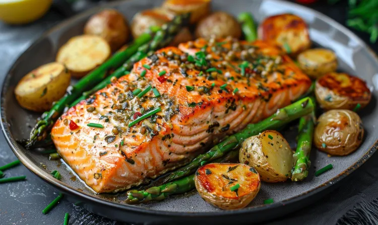 Baked lemon salmon with asparagus and potatoes