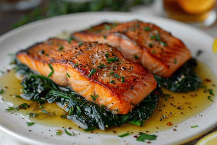 Baked maple-glazed salmon with wilted spinach
