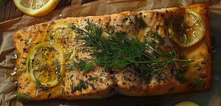 Baked salmon with lemon dill sauce
